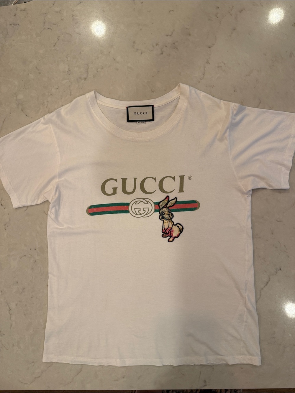 Gucci White Tee with Green-Red Stripe and Bunny Graphic